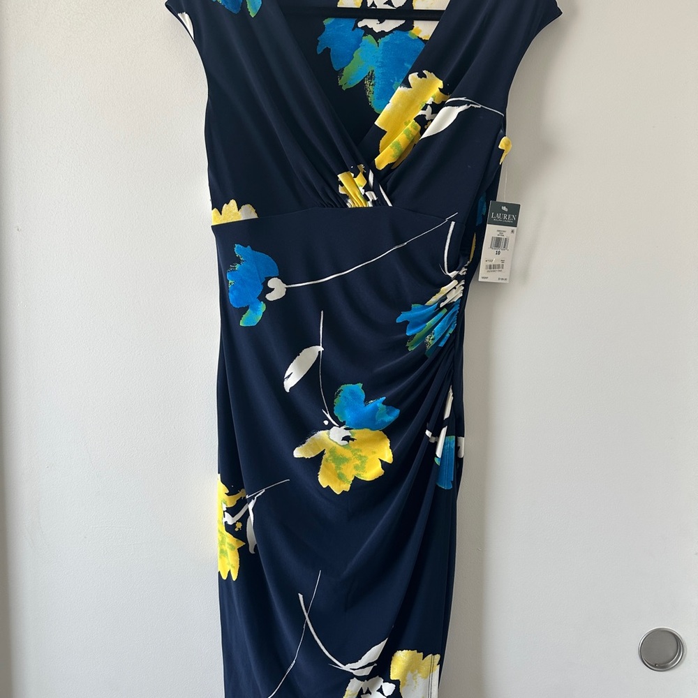 Ralph Lauren Blue and Yellow Sheath Midi Dress V-Neck Cap Sleeve